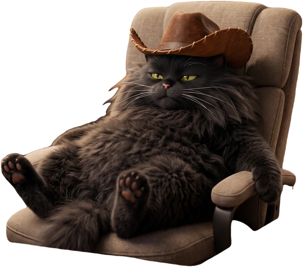 Lazy Cat in his cowboy hat, sprawled in an office chair.