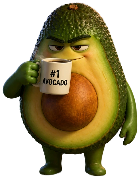 Marco holding a “#1 Avocado” coffee mug.