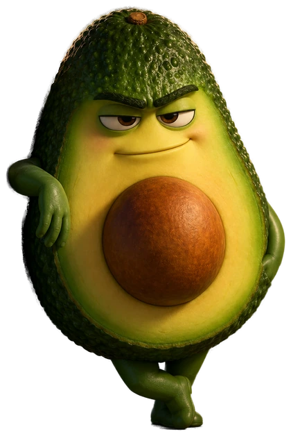 Marco the avocado leaning on the phone, looking unimpressed.