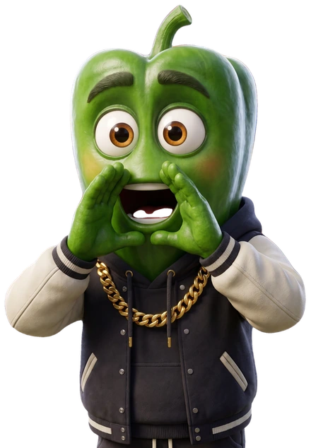 Pablo the pepper, cupping his hands to cheer.