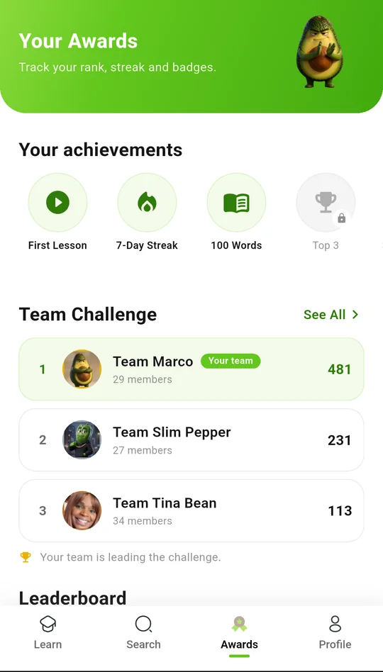 The Awards screen with achievements and the Team Challenge standings.