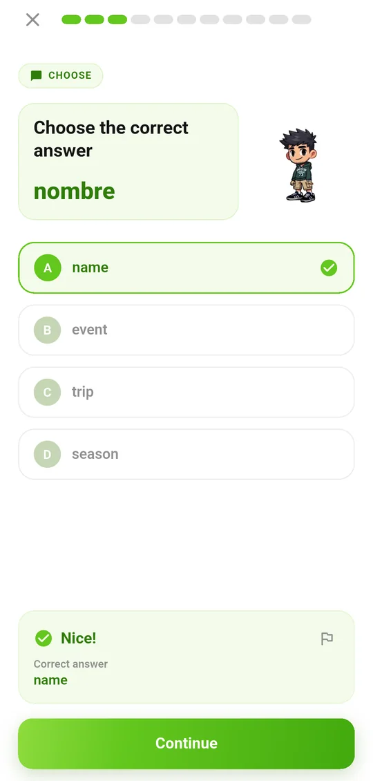A multiple-choice question answered correctly, with the “Nice!” feedback panel.