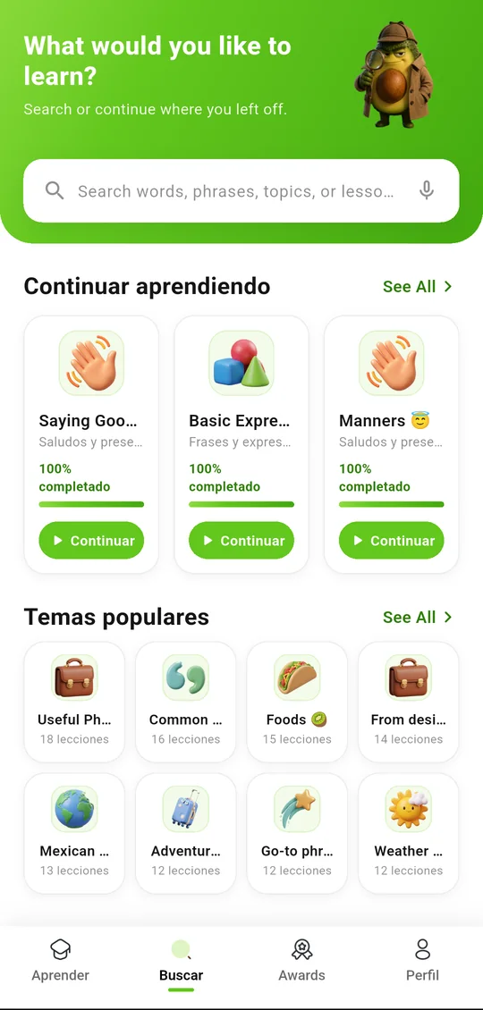 La pantalla Buscar con Continuar aprendiendo y Temas populares.
