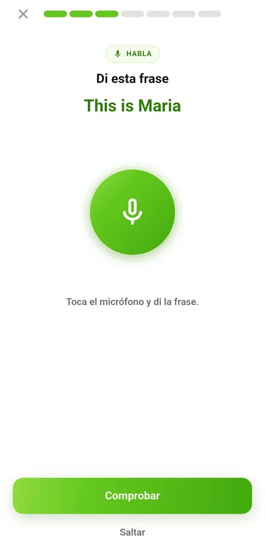 Habla: Di la frase en voz alta. La app te escucha y te corrige.