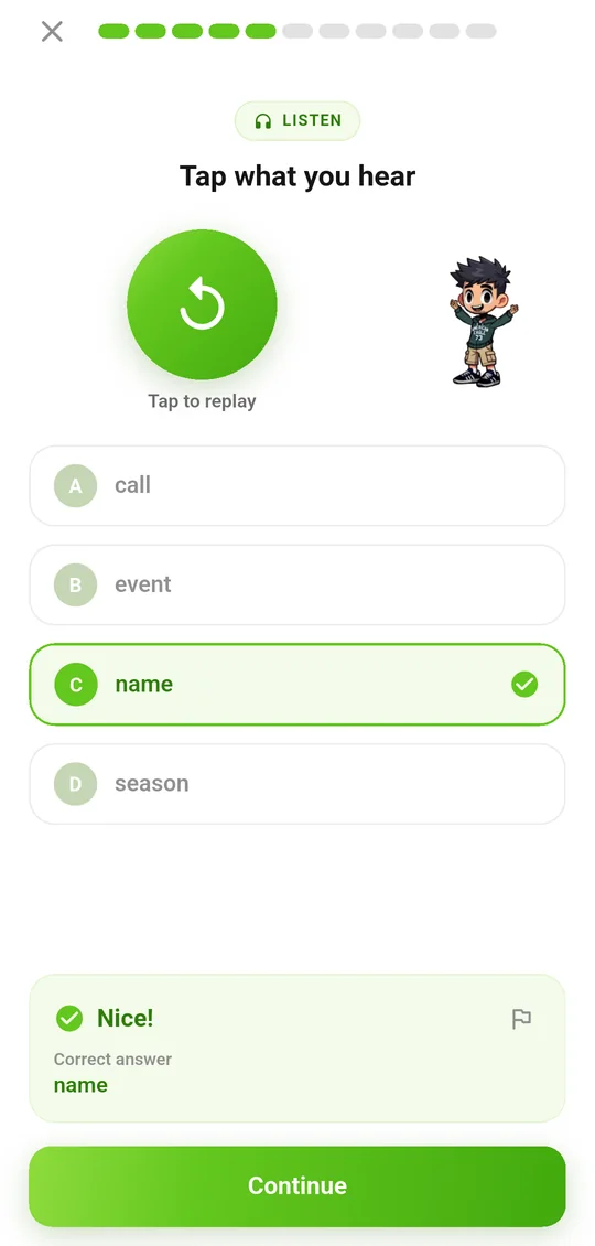 Hear & pick: Play the audio, then choose what you heard.