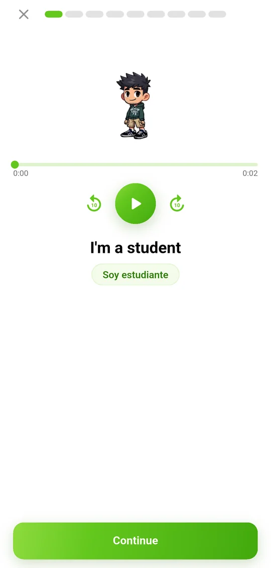 The first screen of a lesson: “I’m a student” with audio to play.