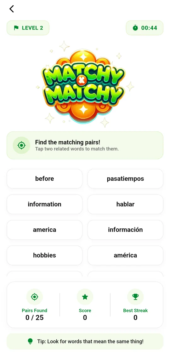 Matchy Matchy: level 2, a 44-second timer and word cards to match.