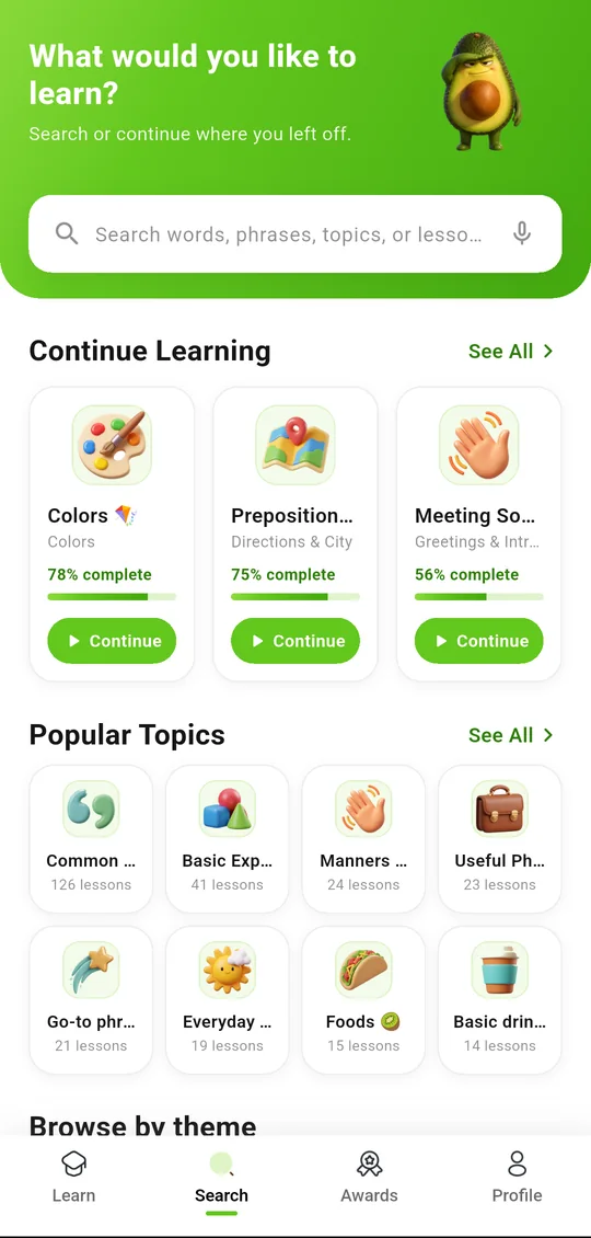 The Search screen with Continue Learning and Popular Topics.